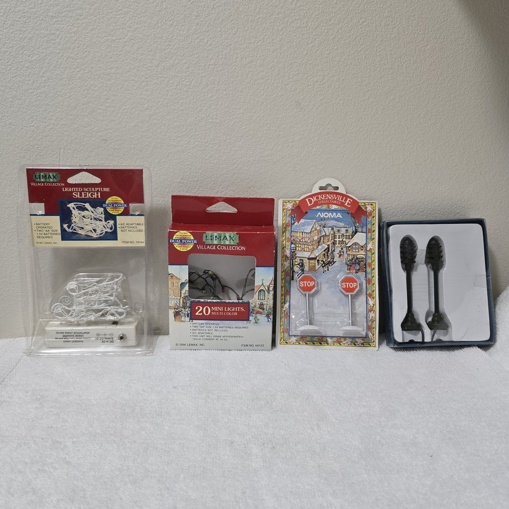 VTG Lemax‎ Dickensville NOMA Village Lot Lighted Sleigh Stop Signs Street Lamps
